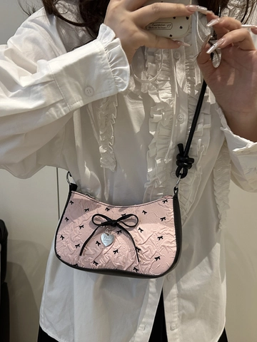 Bolso de Hombro Rosa Dulce Coreano para Mujer Color de Contraste de Cuero PU con Colgante de Corazón Moda Citas Bolso de Mano