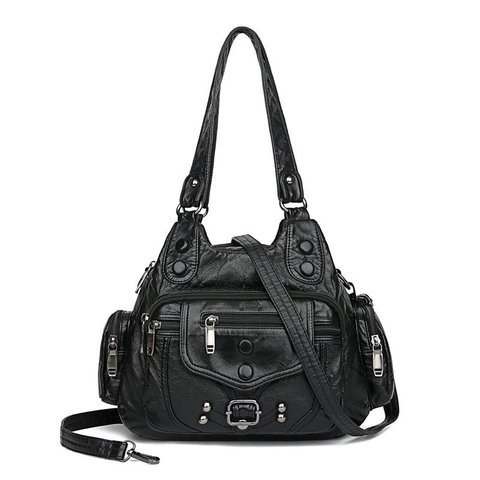 Vintage Multi-pocket Dames Schoudertas Zacht PU Leer Klinknagels Tote Handtas Grote Capaciteit Crossbody Tas Met Verstelbare Riem