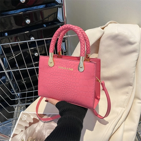 Schoudertas Met Krokodillenpatroon PU Leer Gevlochten Handvat Vierkante Handtas Crossbody Mode Vintage Voor Dames