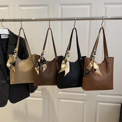 Women's Large Capacity PU Leather Tote Bag With Silk Scarf Elegant Contrast Stitching Shoulder Bag For Office Commuting Daily Fashion