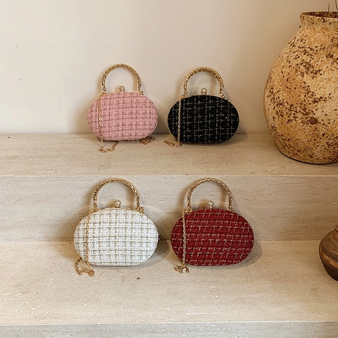 Oval Evening Clutch Bag Tweed Woven With Gold Metal Handle Rhinestone Clasp Chain Strap For Women Party Wedding