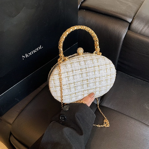 Oval Evening Clutch Bag Tweed Woven With Gold Metal Handle Rhinestone Clasp Chain Strap For Women Party Wedding
