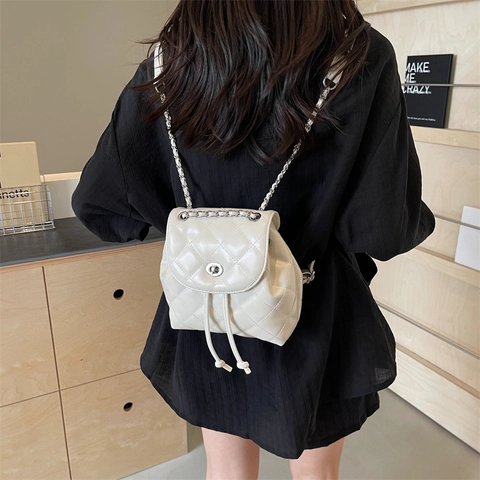 Women Quilted Mini Backpack Shiny PU Leather Chain Strap Small Shoulder Bag For Daily Commuting Elegant Handbag Turn Lock