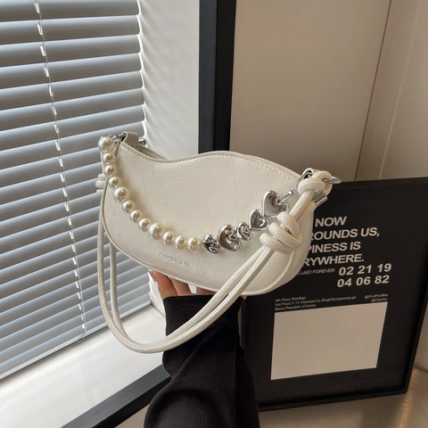 Women Metallic PU Leather Underarm Shoulder Bag With Artificial Pearl Chain Heart Charm Knot Strap Wave Edge Fashion