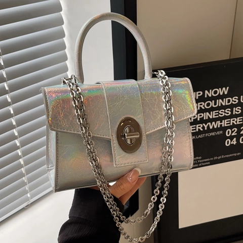 Women's Fashion Crinkled PU Leather Mini Shoulder Bag With Chain Strap Metal Twist Lock Handbag Crossbody Bag For Party