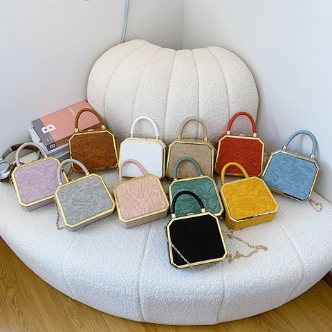 Vintage Octagonal Box Handbag PU Leather Floral Embossed Crossbody Bag Gold Metal Frame Chain Strap Structured For Women