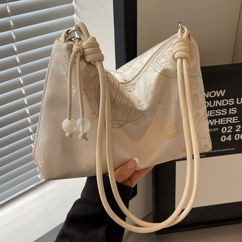 Bolso de Axila de Jacquard de Mujer Nuevo Estilo Chino Elegante Bordado Floral Bolso de Hombro de Satén Retro Bolso de Mano