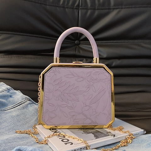 Vintage Octagonal Box Handbag PU Leather Floral Embossed Crossbody Bag Gold Metal Frame Chain Strap Structured For Women