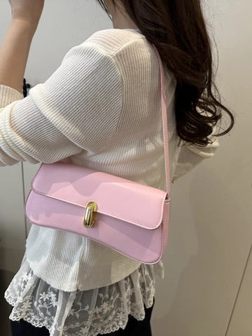 French Style Women PU Leather Baguette Underarm Bag Solid Color Metal Lock Minimalist Shoulder Bag Summer Handbag