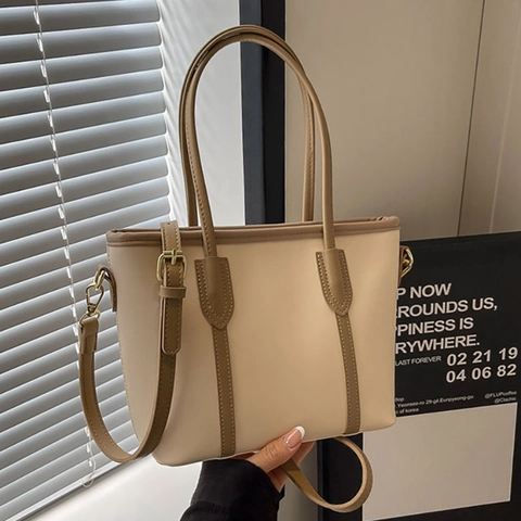 Japanese Style PU Leather Tote Bag Women Elegant Solid Color Handbag Contrast Design Crossbody Shoulder Bag Gold Hardware