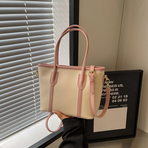 Japanese Style PU Leather Tote Bag Women Elegant Solid Color Handbag Contrast Design Crossbody Shoulder Bag Gold Hardware