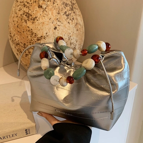 Bolso Bombonera Para Mujer Con Asa De Cuentas Cuero PU Metalizado Plisado Bolso De Mano Moda De Nicho Uso Diario