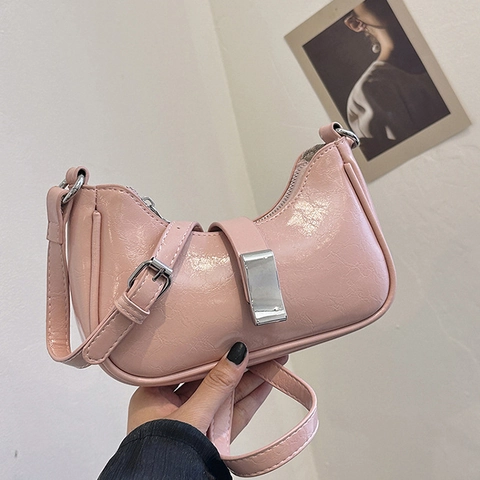 Women Half Moon Underarm Bag PU Leather Crinkle Texture Metallic Shoulder Handbag Silver Buckle Chic