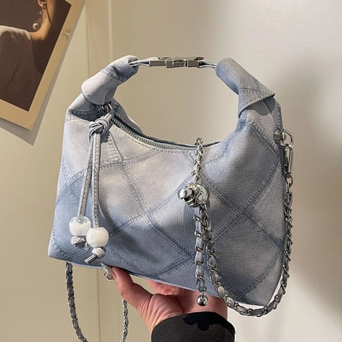 Damen Mode PU Denim Optik Achseltasche Rautensteppung Schulter Umhängetasche Mit Kette Perlen Retro Handtasche