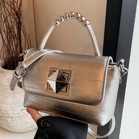 Bolso Cuadrado de Moda para Mujer de Cuero de PU Con Asa de Cuentas Metálicas Cierre de Pirámide Bolso de Hombro