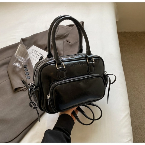 Trendy Metallic PU Leather Shoulder Bag For Women Versatile Boston Handbag With Bow Drawstring Detail Crossbody Bag