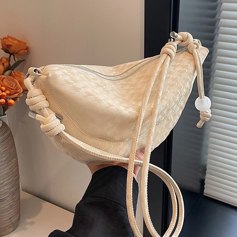 Bolso Hobo De Media Luna Elegante Para Mujer Cuero PU Textura Tejida Correa Con Nudo Y Colgante De Perla Bolso De Hombro De Moda