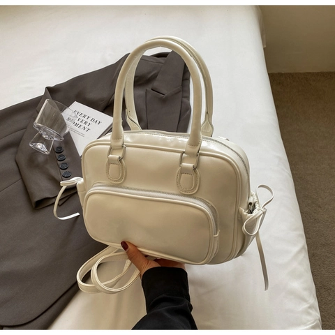 Trendy Metallic PU Leather Shoulder Bag For Women Versatile Boston Handbag With Bow Drawstring Detail Crossbody Bag