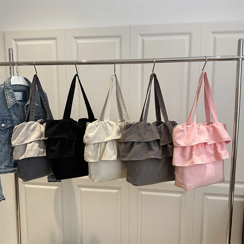 Dames Ruffle Canvas Tote Tas Grote Capaciteit Geplooide Schoudertas Koreaanse Stijl Effen Kleur Schooltas Voor Studenten Dagelijks