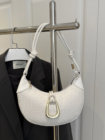 Bolso de Axila Creciente de Cuero de PU Tejido Vintage para Mujer Bolso de Mano de Color Sólido a la Moda Con Hebilla de Metal Dorado