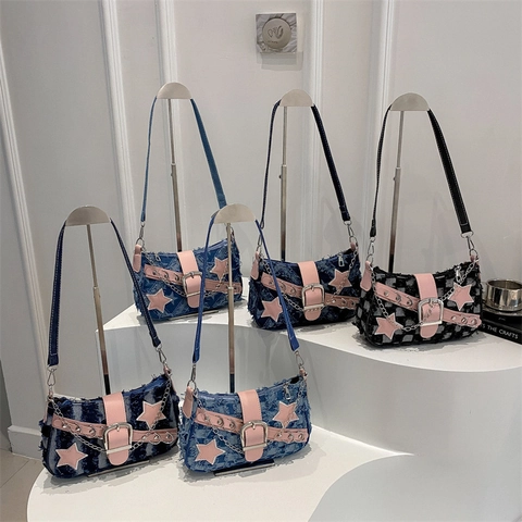 Borsa a Spalla in Denim Estetica Y2K per Donna Borsa Sottobraccio in Jeans Distressed Vintage Con Stella Catena Rosa Trendy