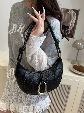 Bolso de Axila Creciente de Cuero de PU Tejido Vintage para Mujer Bolso de Mano de Color Sólido a la Moda Con Hebilla de Metal Dorado