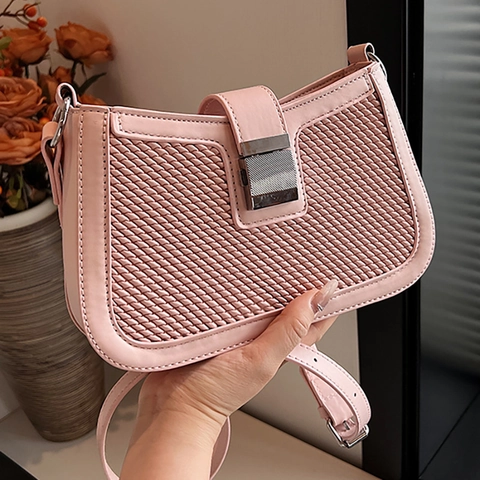 Women Shoulder Underarm Bag PU Leather Woven Texture Silver Metal Buckle Small Square Trendy Commuting Minimalist