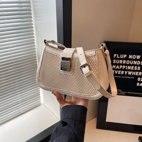 Women Shoulder Underarm Bag PU Leather Woven Texture Silver Metal Buckle Small Square Trendy Commuting Minimalist