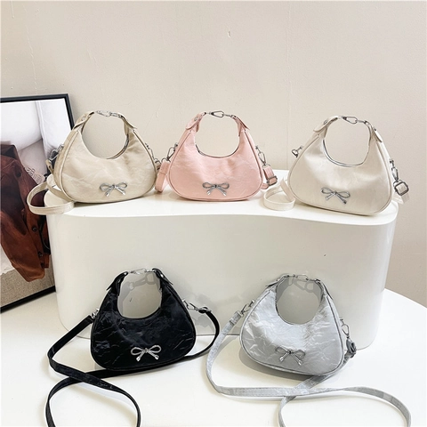 Women PU Leather Crescent Hobo Bag Pleated Texture Metal Bow Detail Chic Crossbody Handbag Trendy Shoulder Purse
