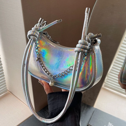Borsa Hobo Donna a Mezzaluna in Pelle PU Catena in Metallo Pendente con Perla Artificial Tracolla Annodata Borsa Sottobraccio