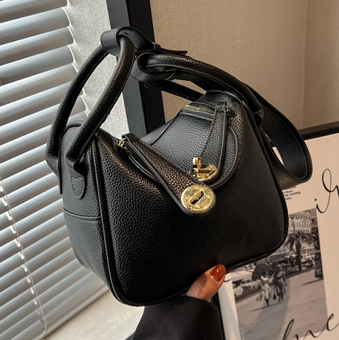Damen Eimer Umhängetasche Aus PU Leder Mit Litchi Narbung Goldfarbenem Drehverschluss Und Doppelreißverschluss Vielseitige Handtasche