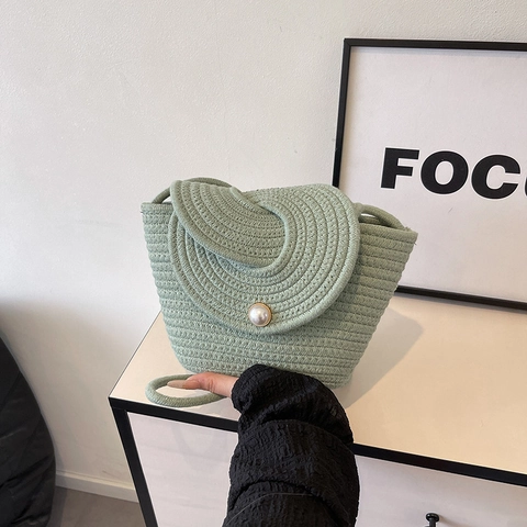 Damen Künstliche Perlenklappe Baumwollseil Gewebte Umhängetasche Sommer Strand Stroh Schultertasche Mit Künstliche Perlenschnalle Lässige Handtasche