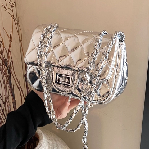 Women Quilted Chain Crossbody Bag Metallic Silver Black PU Leather Small Square Bag With Adjustable Metal Ball Turn Lock