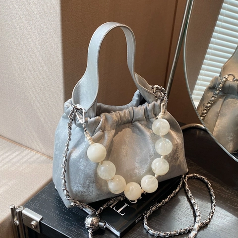 Women New Chinese Style Pleated Cloud Bucket Bag With Resin Bead Handle Silver Metal Chain Strap PU Leather Shoulder Crossbody Bag