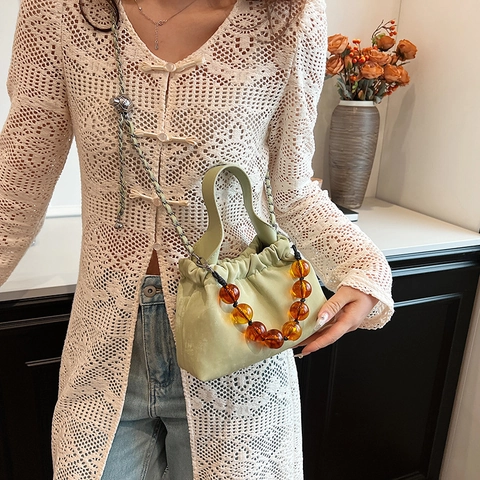 Women New Chinese Style Pleated Cloud Bucket Bag With Resin Bead Handle Silver Metal Chain Strap PU Leather Shoulder Crossbody Bag