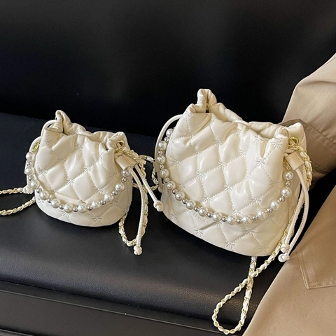 Quilted Bucket Bag PU Leather Artificial Pearl Handle Chain Shoulder Strap Drawstring Elegant Crossbody Handbag For Women