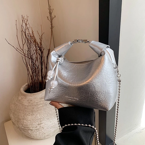 Women Fashion Pleated PU Leather Shoulder Bag Niche Design Crossbody Handbag With Metal Bead Chain Trendy Daily Satchel Bag