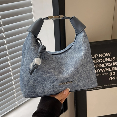 Sac Hobo En Denim Matelassé Pour Femmes Design De Niche Motif De Losanges Sac À Bandoulière Rétro Avec Charme Perle