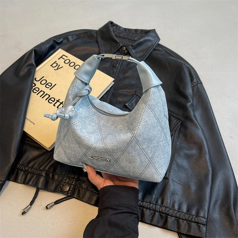 Sac Hobo En Denim Matelassé Pour Femmes Design De Niche Motif De Losanges Sac À Bandoulière Rétro Avec Charme Perle