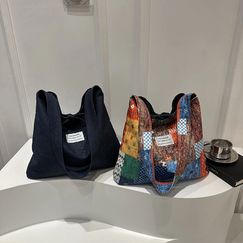 Women Slouchy Patchwork Canvas Tote Bag Large Capacity Floral Denim Shoulder Bag Bohemian Casual Travel Shopper Bag