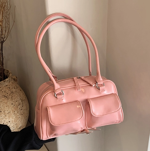 Borsa Sottobraccio Vintage in Pelle PU Lucida per Donna Borsa a Tracolla di Grande Capacità Con Doppie Tasche Anteriori Handbag Retro