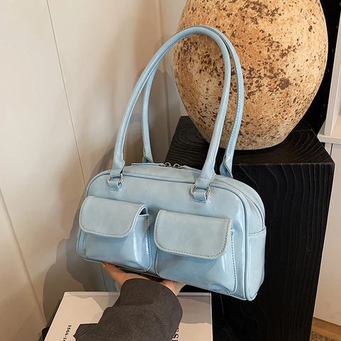 Women Glossy PU Leather Underarm Shoulder Bag Vintage Solid Color Double Front Pockets Tote Bag For Daily Dating Party
