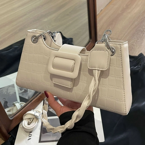 Damen Achseltasche Baguette Tasche PU Leder Krokodilmuster Große Schnalle Geflochtener Griff Und Dünner Schultergurt Vintage Mode