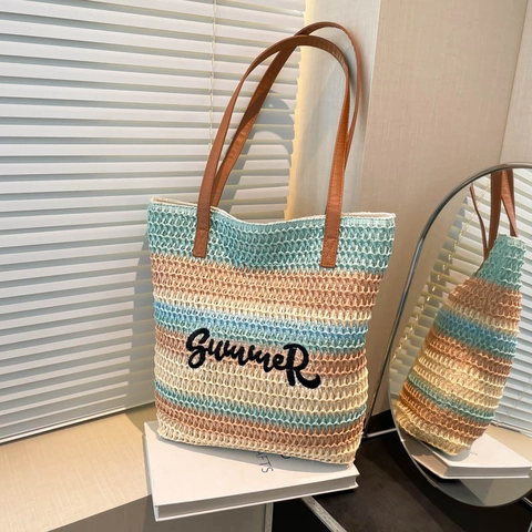 Summer Striped Straw Woven Tote Bag Women Large Capacity Beach Shoulder Bag Multicolor Letter Embroidery Shopping Bag
