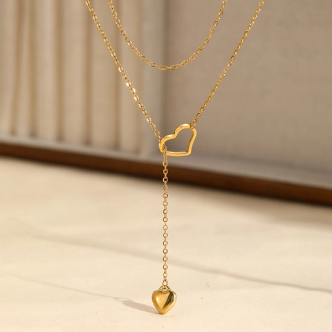 Collana Con Ciondolo A Cuore A Doppio Strato In Acciaio Inossidabile Cuore Cavo E Solido Catena Lunga Gioielli Eleganti Per Donna