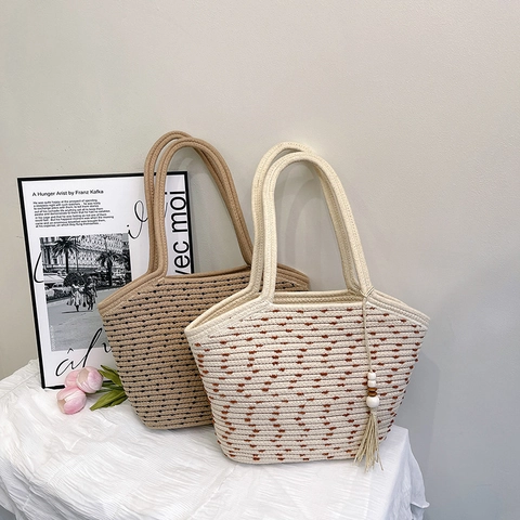 Minimalist Large Capacity Woven Tote Bag For Women Polka Dot Pattern Handbag With Tassel Wooden Beads Pendant Bohemian PU Shoulder Bag