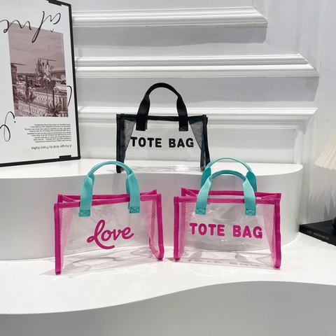 Bolso Tote de PVC Transparente y Malla para Mujer Patchwork de Colores Contrastantes Bolso Jelly de Playa de Verano Portátil