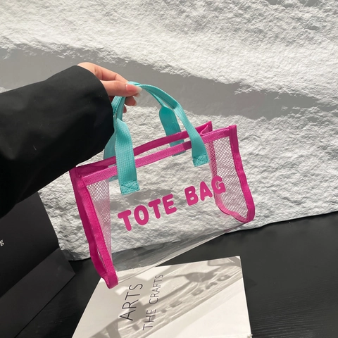 Bolso Tote de PVC Transparente y Malla para Mujer Patchwork de Colores Contrastantes Bolso Jelly de Playa de Verano Portátil