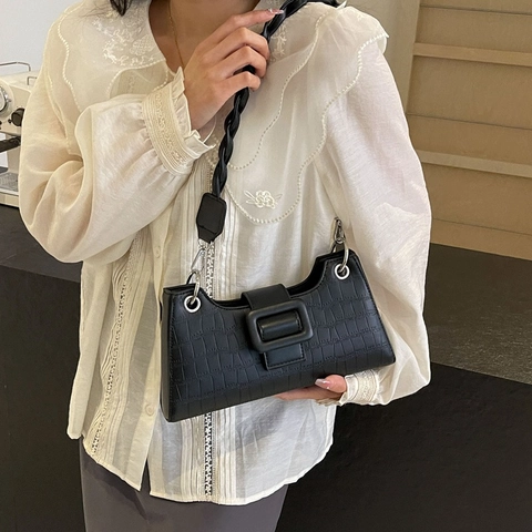 Damen Achseltasche Baguette Tasche PU Leder Krokodilmuster Große Schnalle Geflochtener Griff Und Dünner Schultergurt Vintage Mode