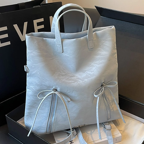 Zaino alla Moda da Donna in Pelle Sintetica Stropicciata Grande Capacità Borsa Tote con Fiocchi per Scuola e Uso Quotidiano